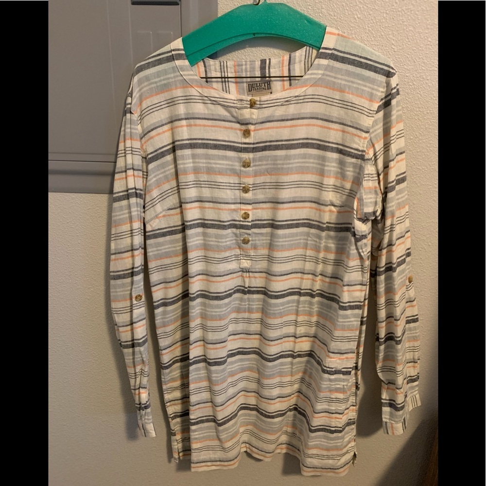 Duluth Trading Co tunic white, grey and orange striped top